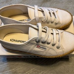 Superga white canvas sneakers with jute detail at sole. Worn once! Like NEW!